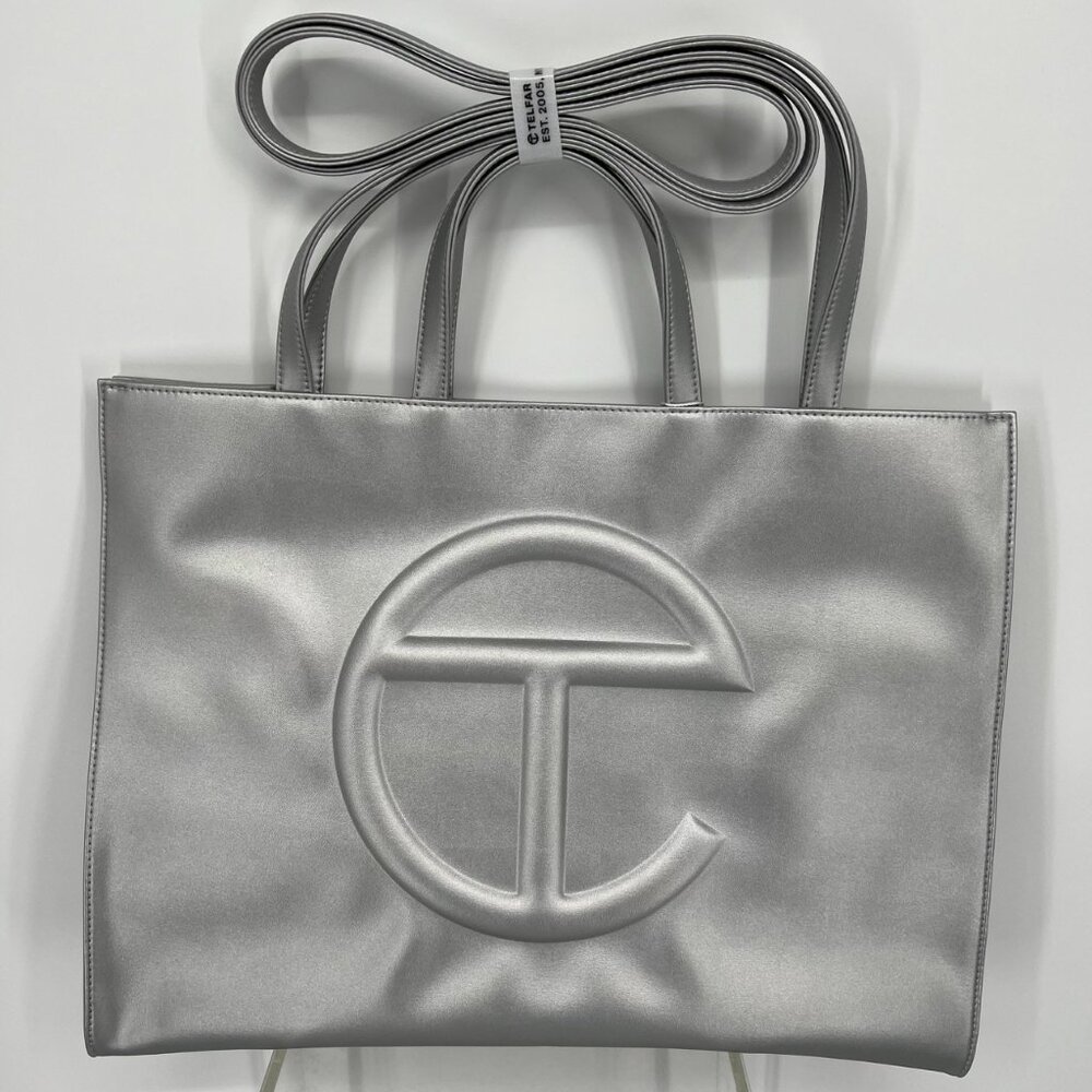 Telfar Large Shopping Tote Bag Handbag Vegan Leather Crossbody Silver w/ Dustbag